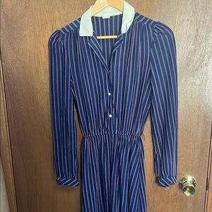 Vintage Navy/Red Striped Dress with White Collar